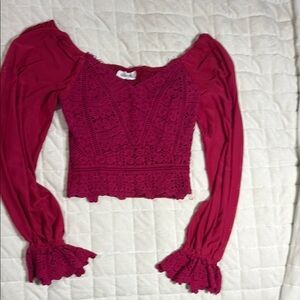 Women’s Long-Sleeve Crochet Lace Crop Top - Raspberry